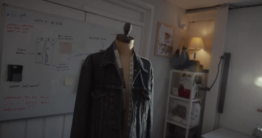 A classic denim jacket rests on a mannequin in a sunlit tailor's workshop, with design sketches on a whiteboard in the background