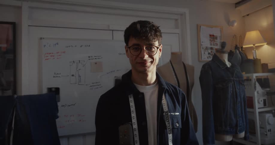 A confident young fashion designer with glasses smiles at the camera in his sunlit creative workshop