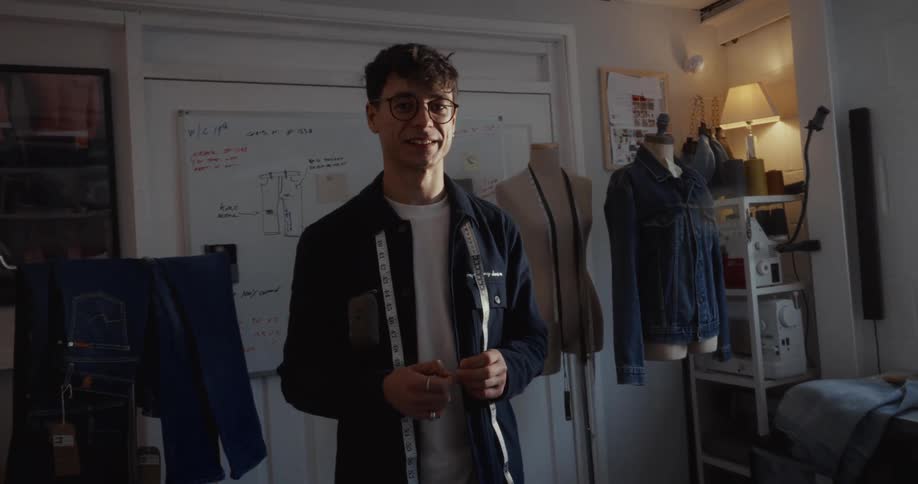 Portrait of a smiling young male tailor with a measuring tape around his neck standing proudly in his creative fashion studio