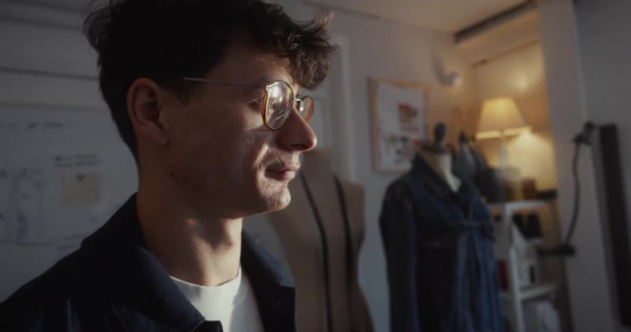 A young male fashion designer with glasses thoughtfully observes his work in his sunlit studio