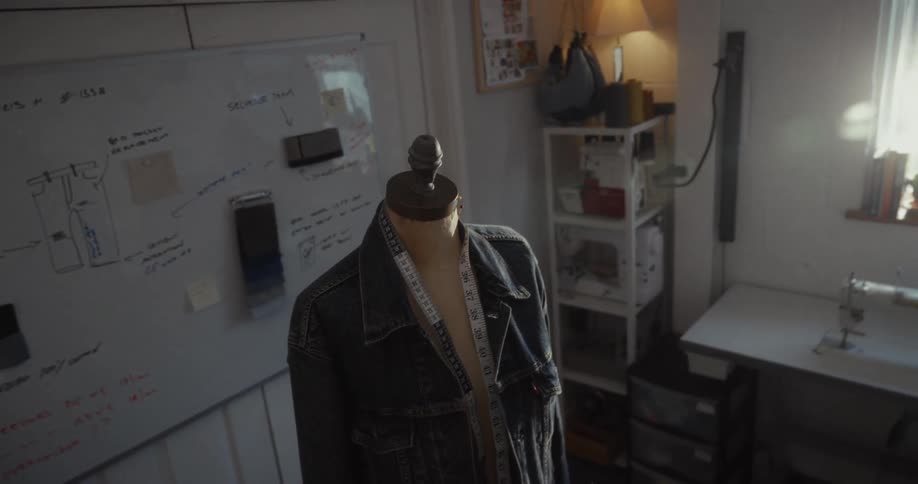 Dutch angle shot reveals a denim jacket on a mannequin in a sunlit fashion designer's studio with a sewing machine and design sketches