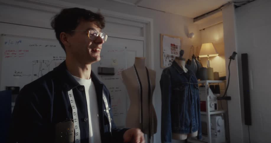 A male fashion designer in his studio enthusiastically explains his creative process in slow motion