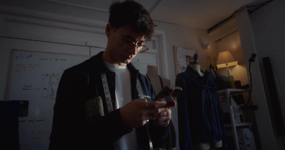 A young male fashion designer with a measuring tape around his neck scrolls on his smartphone in his dimly lit studio