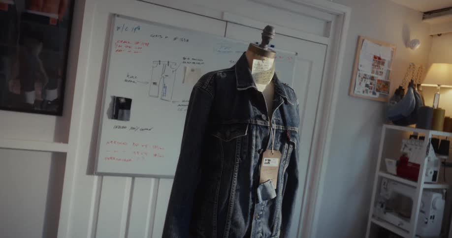 A denim jacket on a mannequin in a clothing designer's workshop with a whiteboard of sketches in the background