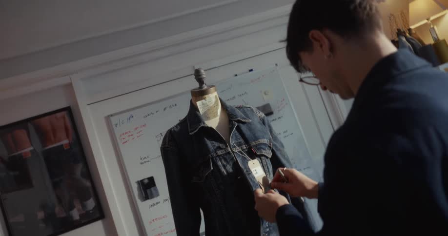 A young fashion designer meticulously adjusts and tags a denim jacket on a mannequin in a sunlit creative studio