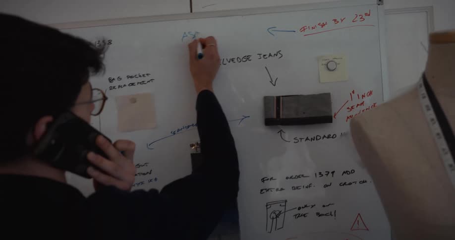 A fashion designer multitasks on the phone while writing notes on a whiteboard in their studio