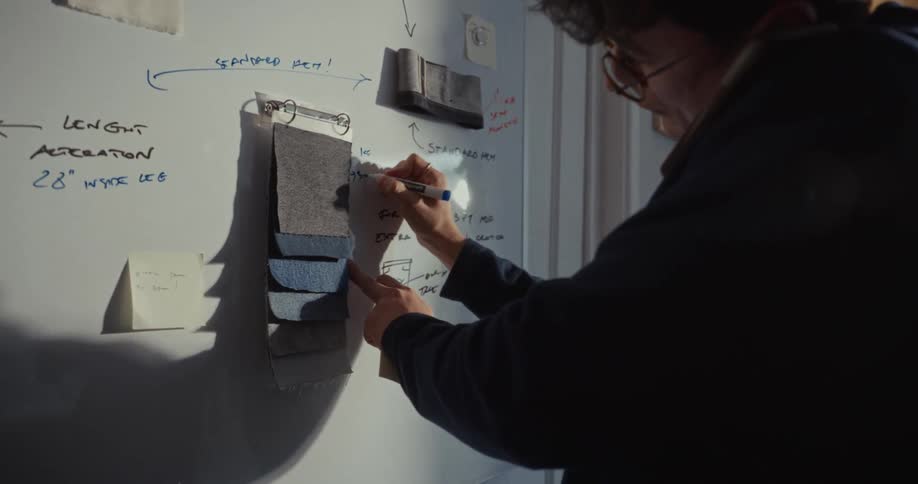 A male fashion designer brainstorms new denim jeans designs, sketching ideas and writing notes on a whiteboard with fabric swatches
