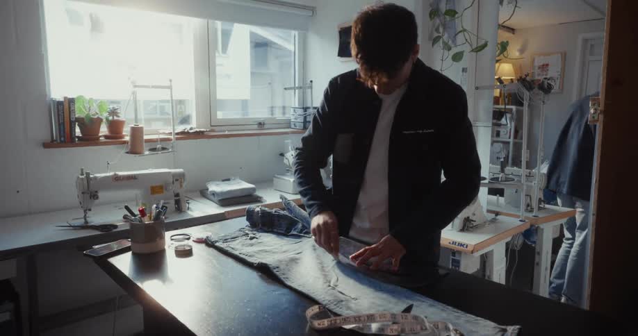 A skilled tailor carefully measures and marks a pair of denim jeans on his workbench in a sunlit studio