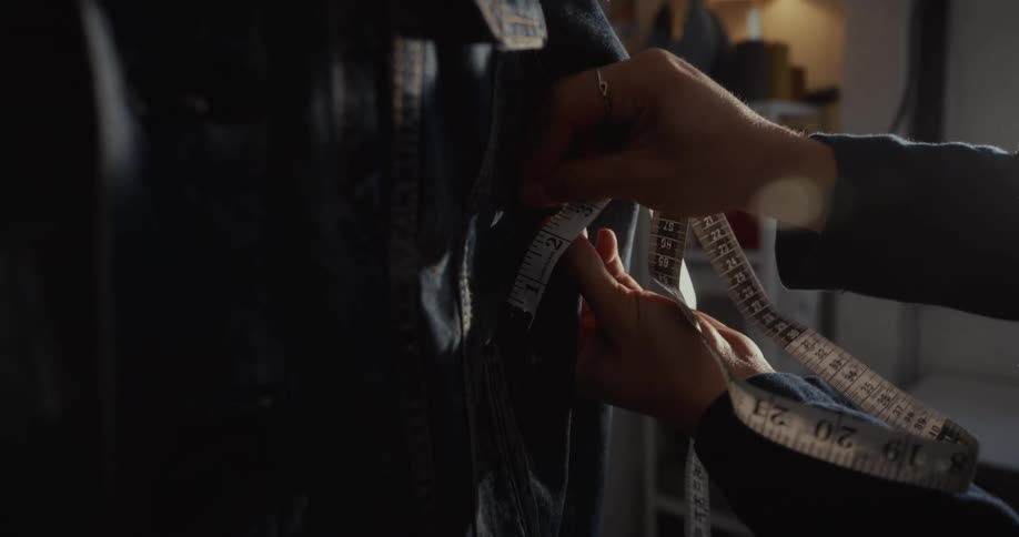 Close-up slow motion shot of a tailor's hands meticulously measuring a denim jacket in a sunlit studio