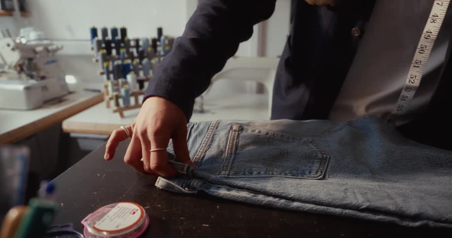 A tailor with a measuring tape around their neck carefully folds a pair of jeans in a sewing workshop
