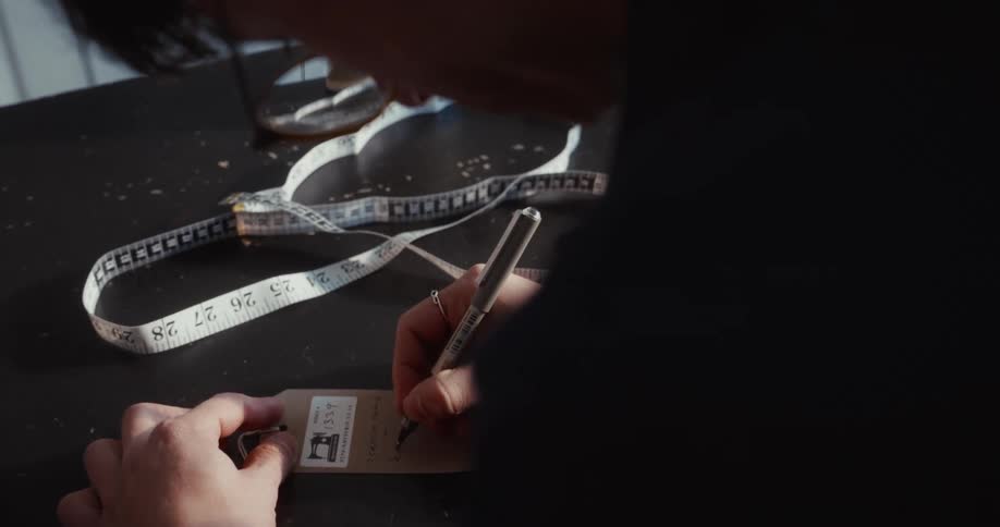 A tailor's hands meticulously write details on a brown paper tag in a dimly lit workshop, with a measuring tape nearby
