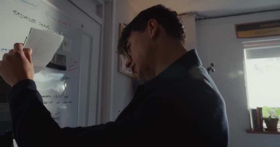 A fashion designer meticulously studies fabric swatches while working on a new clothing design on his studio whiteboard