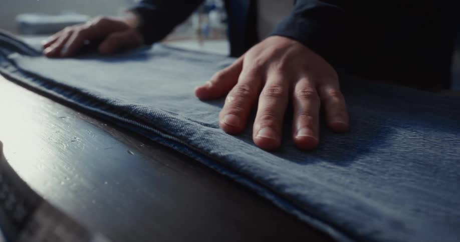 A close up of a tailor's hands carefully smoothing out the denim fabric of a pair of jeans on a workshop table