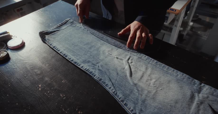 A tailor uses a plastic pattern ruler to precisely mark a line on a pair of denim jeans in their workshop