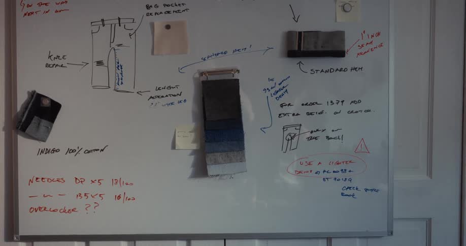 A fashion designer's mood board displays sketches, notes, and fabric swatches for a new denim jeans collection