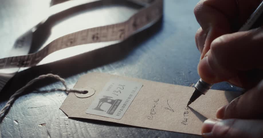 A tailor makes detailed notes about a clothing repair on a paper tag in their workshop