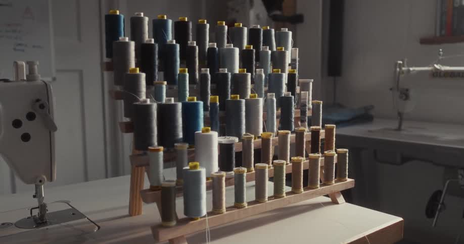 A slow push-in on a wooden spool holder filled with colorful sewing threads in a tailor's sunlit workshop