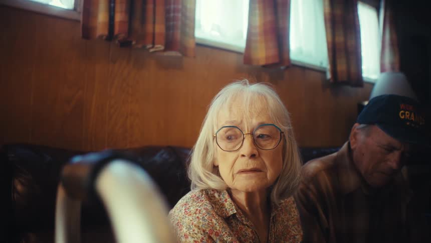 A worried elderly woman with glasses stares intently while sitting next to her husband in a dimly lit, wood-paneled room