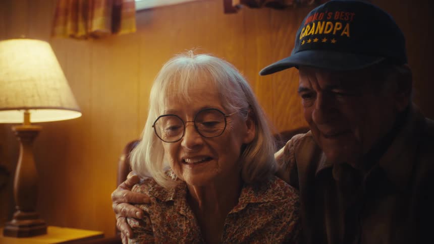 A loving elderly couple smiles warmly while looking through a photo album, reliving cherished memories together