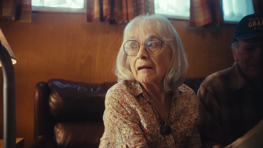 A grandmother sitting in her cozy living room looks up with a startled expression on her face