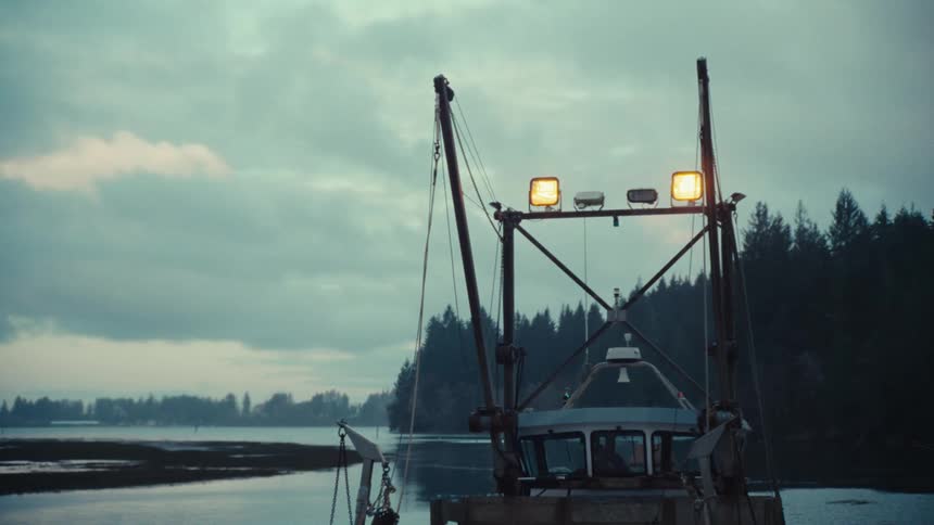 A fishing boat with its lights on sits docked in a calm, forested bay on a moody, overcast evening