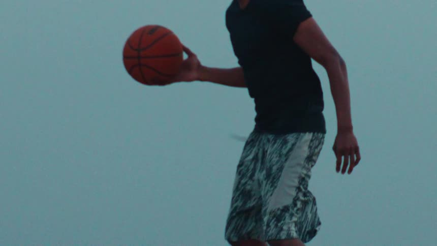 An athletic man dribbles a basketball in super slow motion as a bird flies in the background