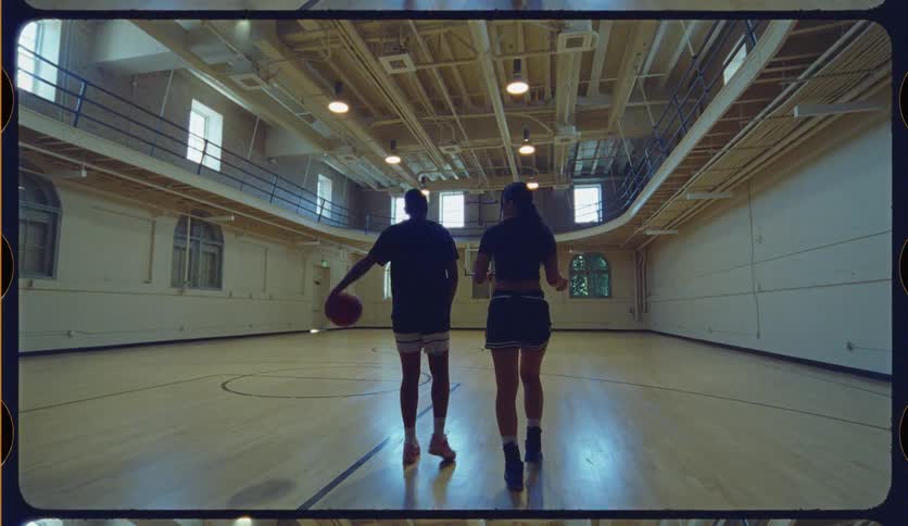 A male and female basketball player emerge from a dark doorway and walk side-by-side onto an empty indoor court