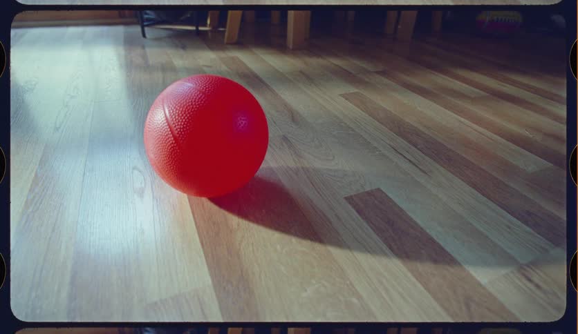 A child picks up a red ball from a wooden floor in a nostalgic, vintage home movie style shot