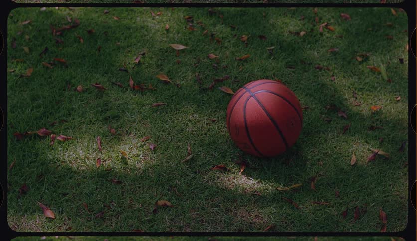 Vintage-style shot of a basketball resting on a sunlit patch of green grass among fallen autumn leaves