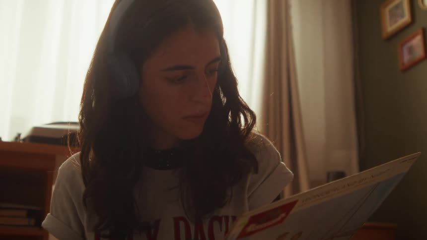 A close-up of a young woman wearing headphones while intensely reading the back of a vinyl record album in her bedroom