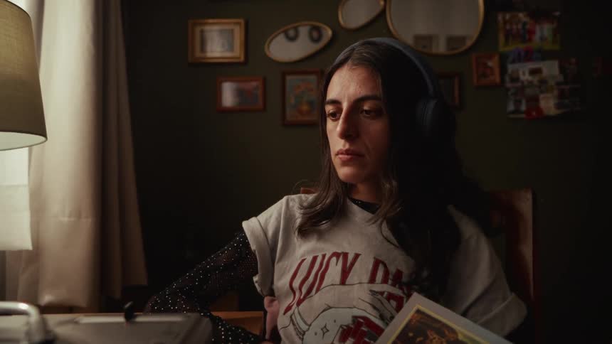 A pensive young woman with headphones on listens to a vinyl record playing on a turntable in her dimly lit, decorated bedroom