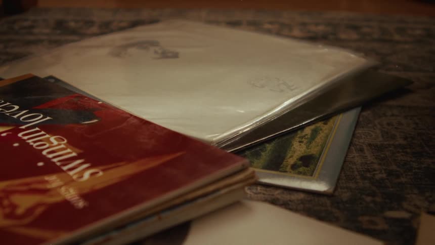 A person's hands slowly browse through a stack of classic and vintage vinyl records on a patterned rug in a warmly lit room