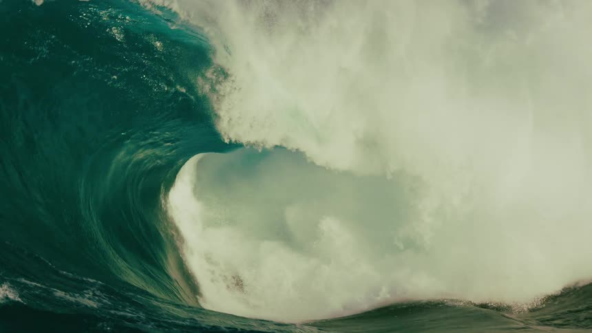 A small drone flies in front of a massive, powerful ocean wave as it crests and crashes in dramatic slow motion