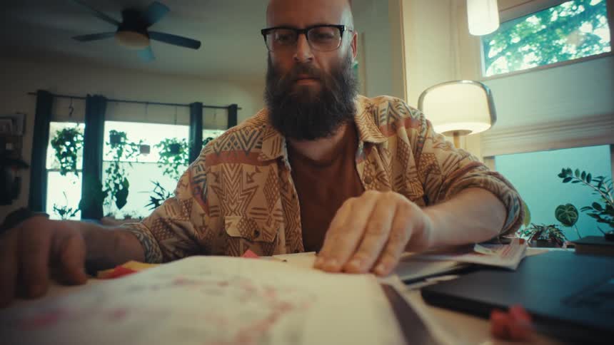 A bearded artist with glasses intently flips through his sketchbook in slow motion as the camera pushes in for a close-up of his focused expression