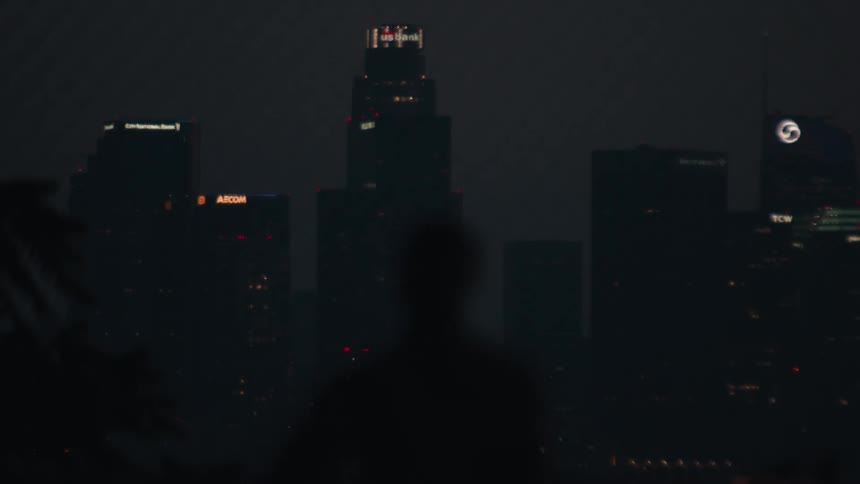 Two silhouetted figures contemplate the dark and sprawling Los Angeles cityscape at night from a scenic overlook