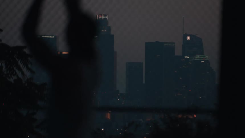A silhouetted person looks out over the Los Angeles skyline at dusk through a chain link fence