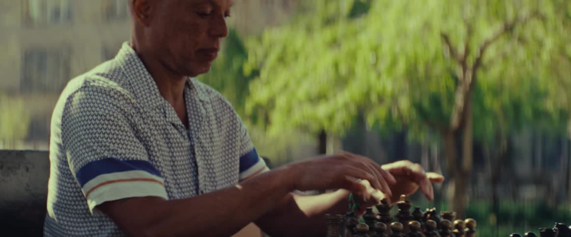 A mature man sits at a stone table in a sunny park, carefully arranging wooden chess pieces to set up a game