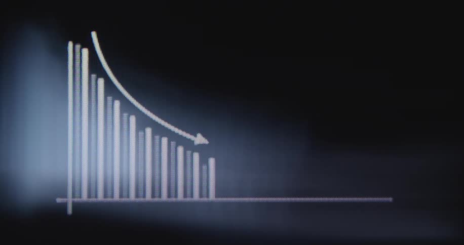 A minimalist animated bar graph on a dark screen shows a steady decline in values with a downward arrow