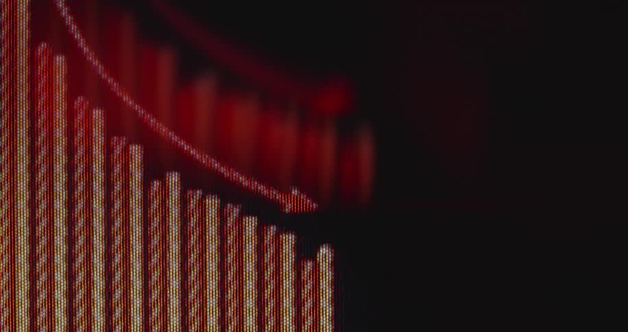 An animated red bar graph with a downward pointing arrow trends down, symbolizing economic recession