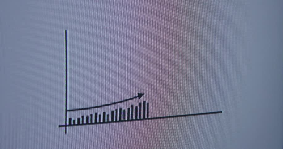 Close-up of a pixelated screen showing an animated bar graph with a positive upward trajectory