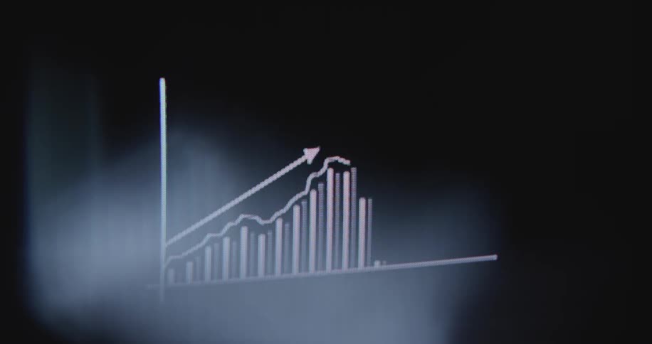 A digital screen displays an animated bar chart with a rising trend line and arrow, symbolizing positive growth and financial success