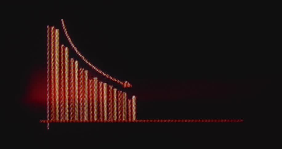 An animated bar graph with a red arrow illustrates a declining trend, symbolizing financial loss or economic downturn
