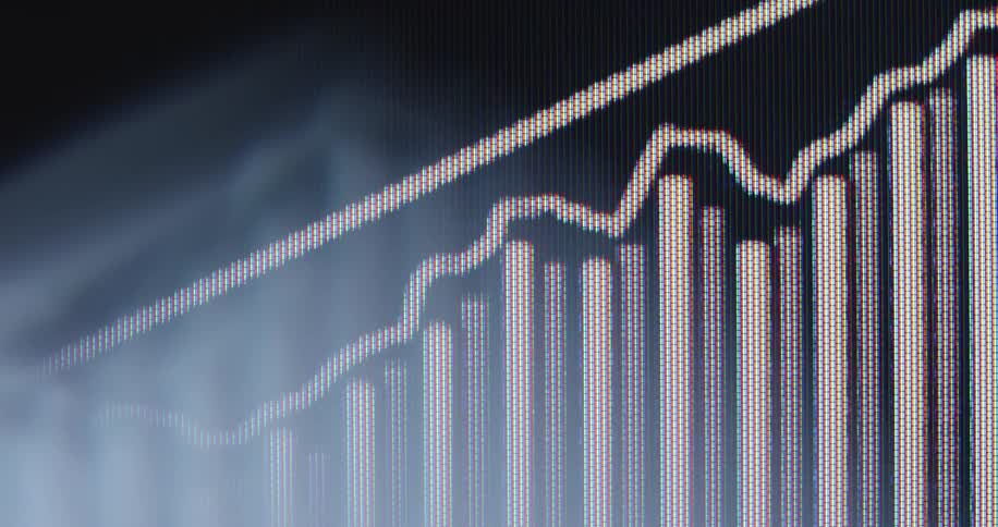A financial graph with an upward trend arrow and bar chart rises on a digital screen, with smoke effects adding a mysterious atmosphere