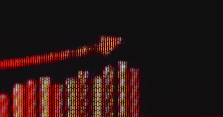 A pixelated red bar chart with an upward-pointing arrow animates on a digital screen, symbolizing growth and positive financial trends