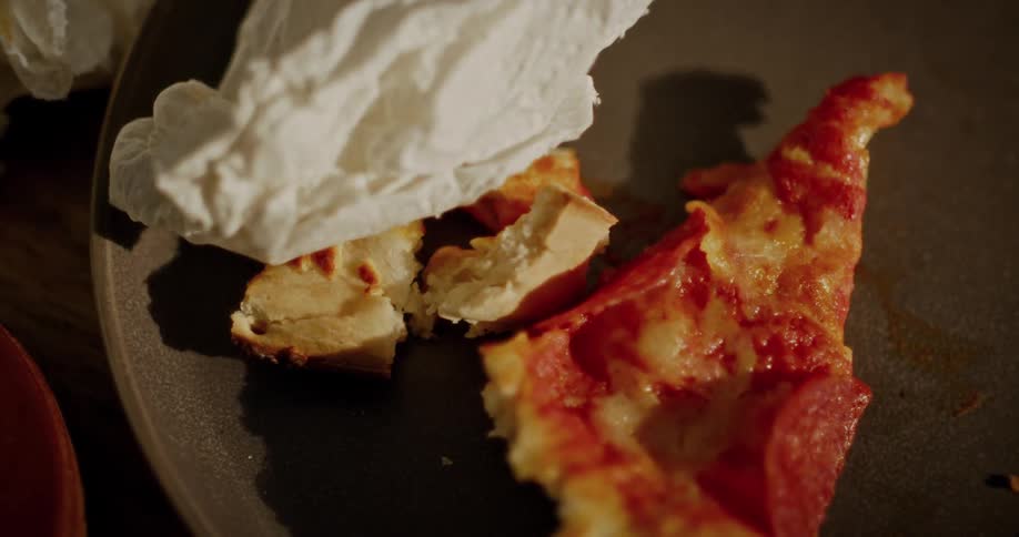 A close-up shot of a leftover slice of pepperoni pizza, crust, and a crumpled napkin on a plate after dinner