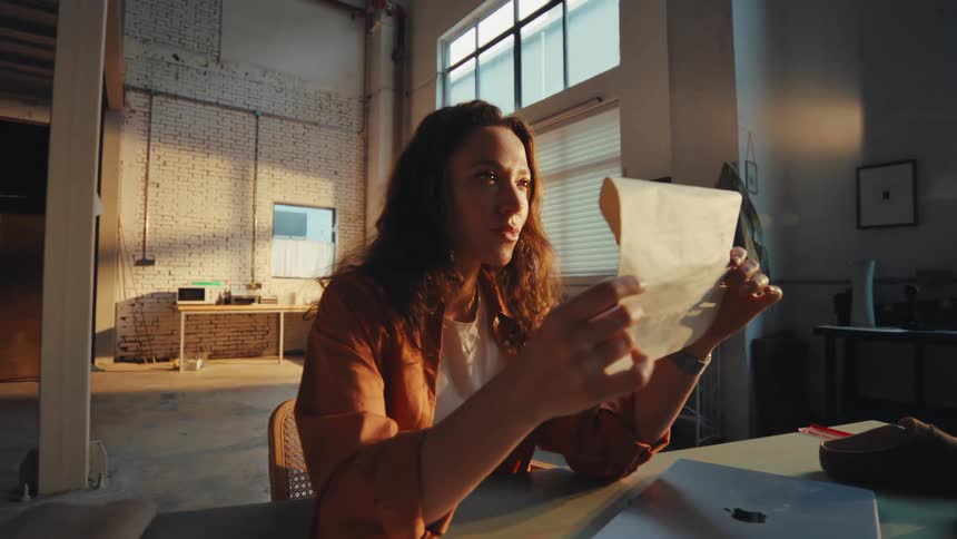 A focused female designer meticulously examines a blueprint in her sunlit industrial loft studio