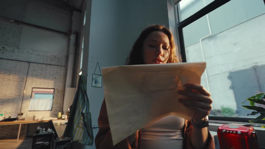 A pensive female designer thoughtfully reviews her sketches by a large window in her sunlit industrial loft studio