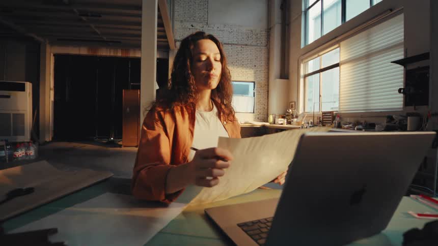 A focused female designer reviews a paper pattern at her workbench while working on her laptop in a sunlit industrial loft studio