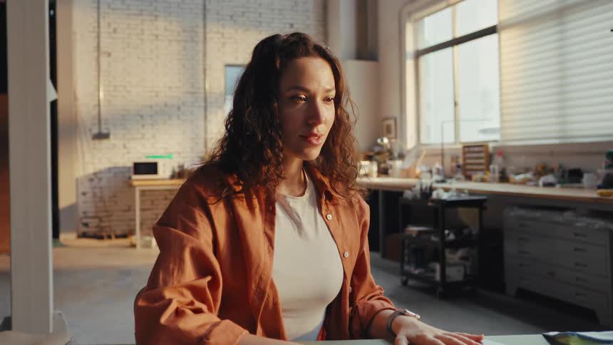 A focused woman finishes her work, closes her laptop with a smile, and relaxes in a sunlit loft-style studio