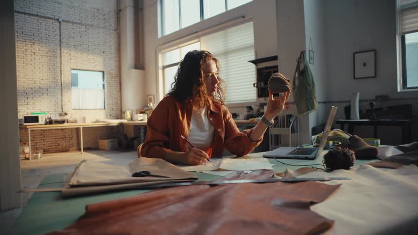 Focused female shoemaker sketches a design while examining a shoe prototype in her sunlit workshop